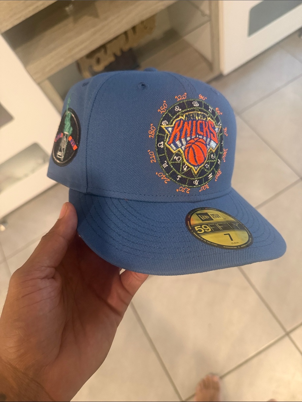New Era Knicks Light Blue Fitted Cap with Multicolor Embroidery